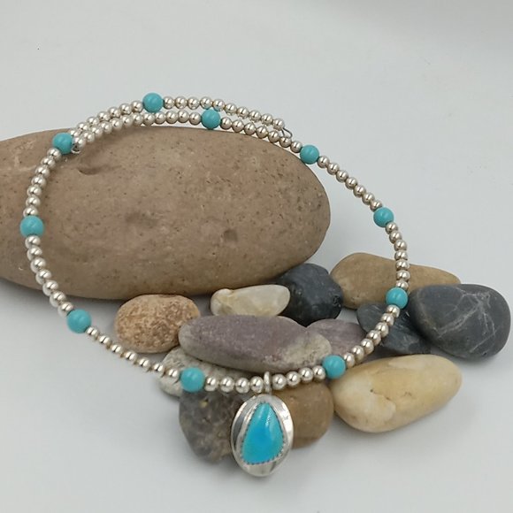 Vintage Sterling Silver Beaded Turquoise Choker - Picture 3 of 16